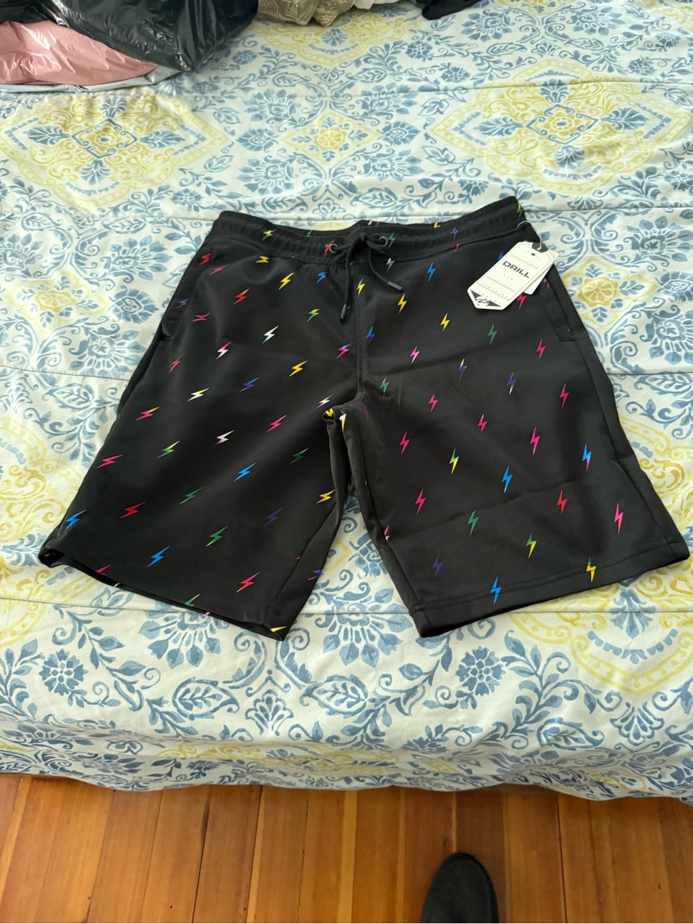 Drill Clothing Men’s Black Athletic Shorts with Rainbow Lightning Print